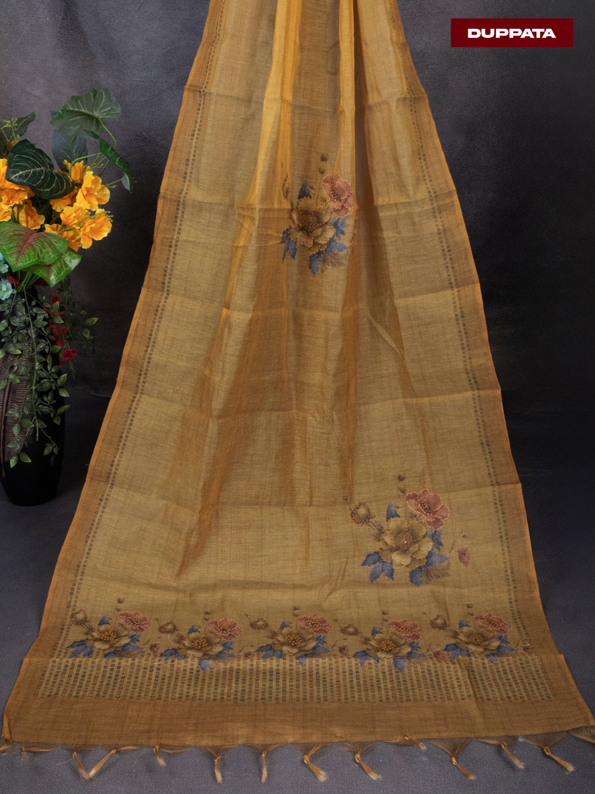 Tissue linen dress material mustard shade with french knot work neck pattern and bottom & dupatta