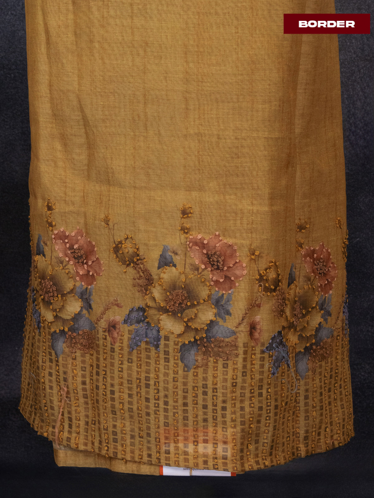 Tissue linen dress material mustard shade with french knot work neck pattern and bottom & dupatta