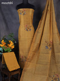 Tissue linen dress material mustard shade with french knot work neck pattern and bottom & dupatta
