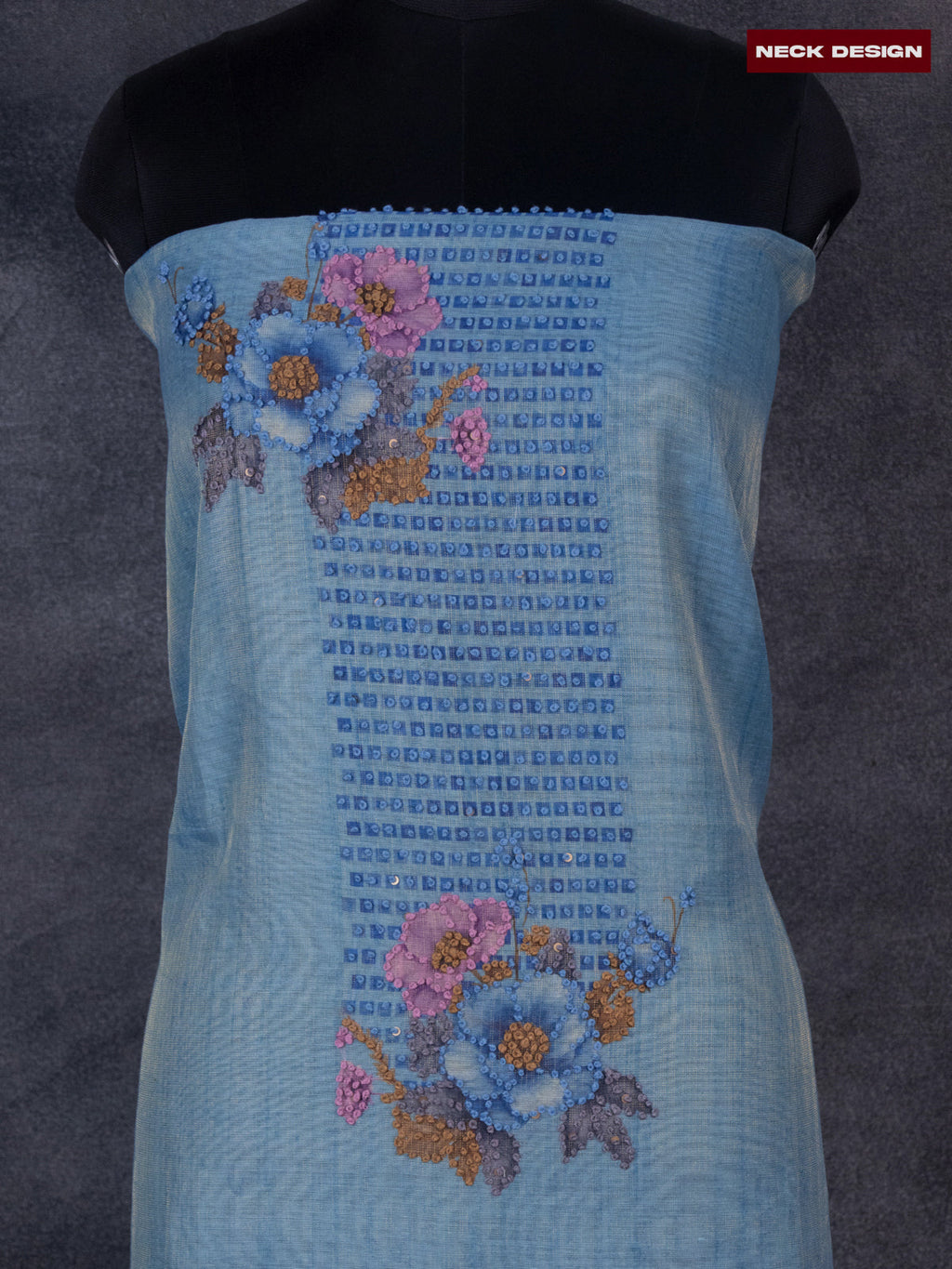 Tissue linen dress material blue with french knot work neck pattern and bottom & dupatta