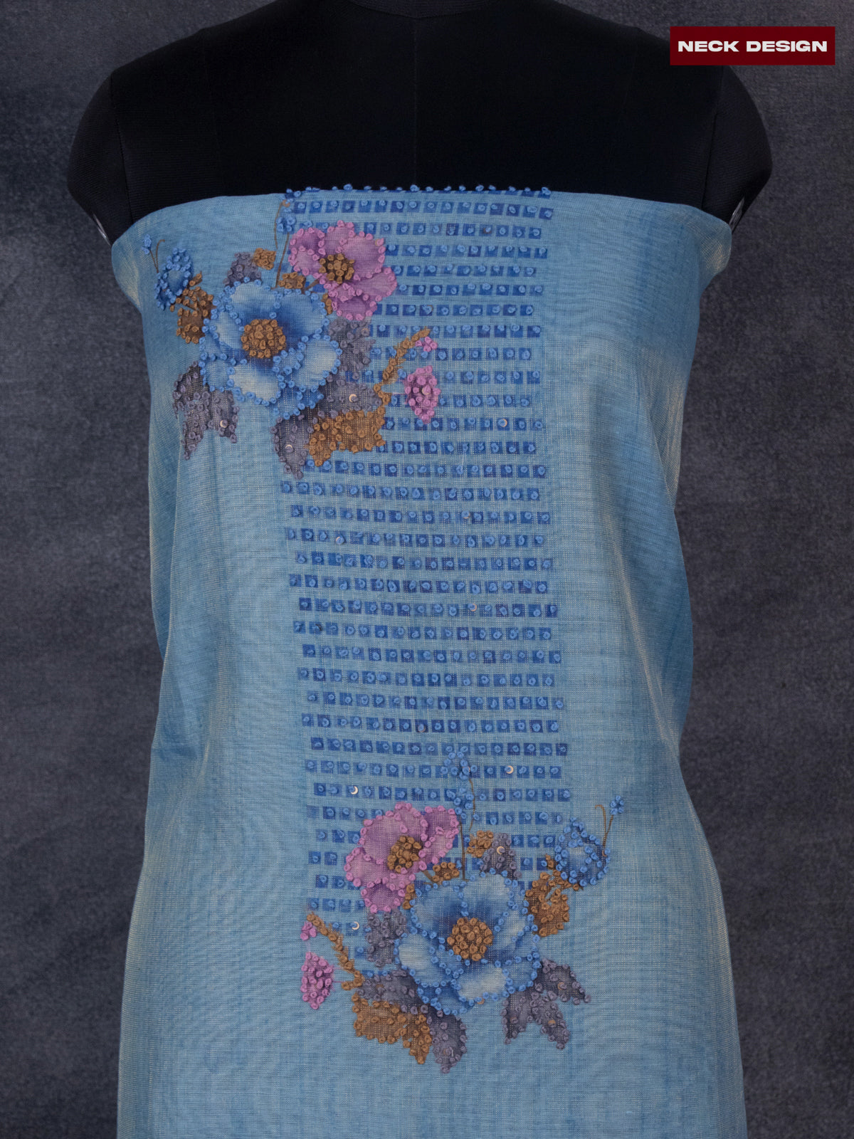 Tissue linen dress material blue with french knot work neck pattern and bottom & dupatta