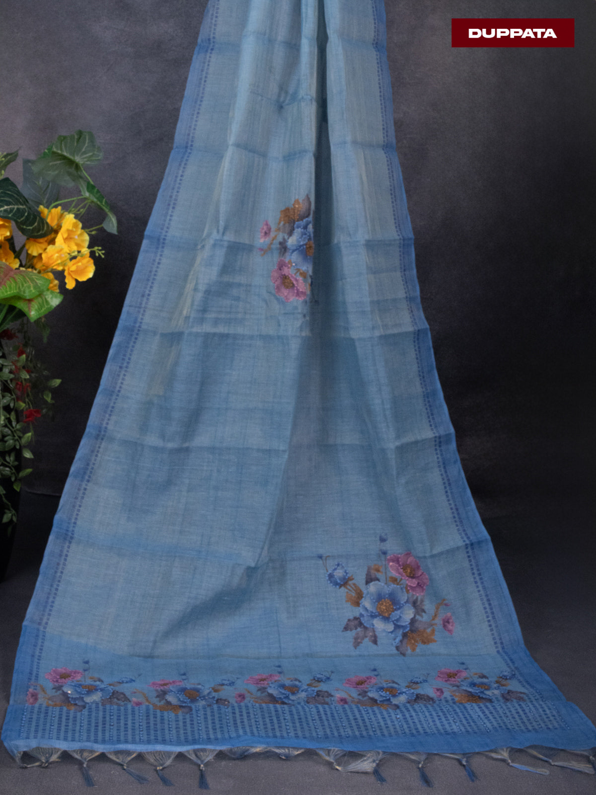 Tissue linen dress material blue with french knot work neck pattern and bottom & dupatta