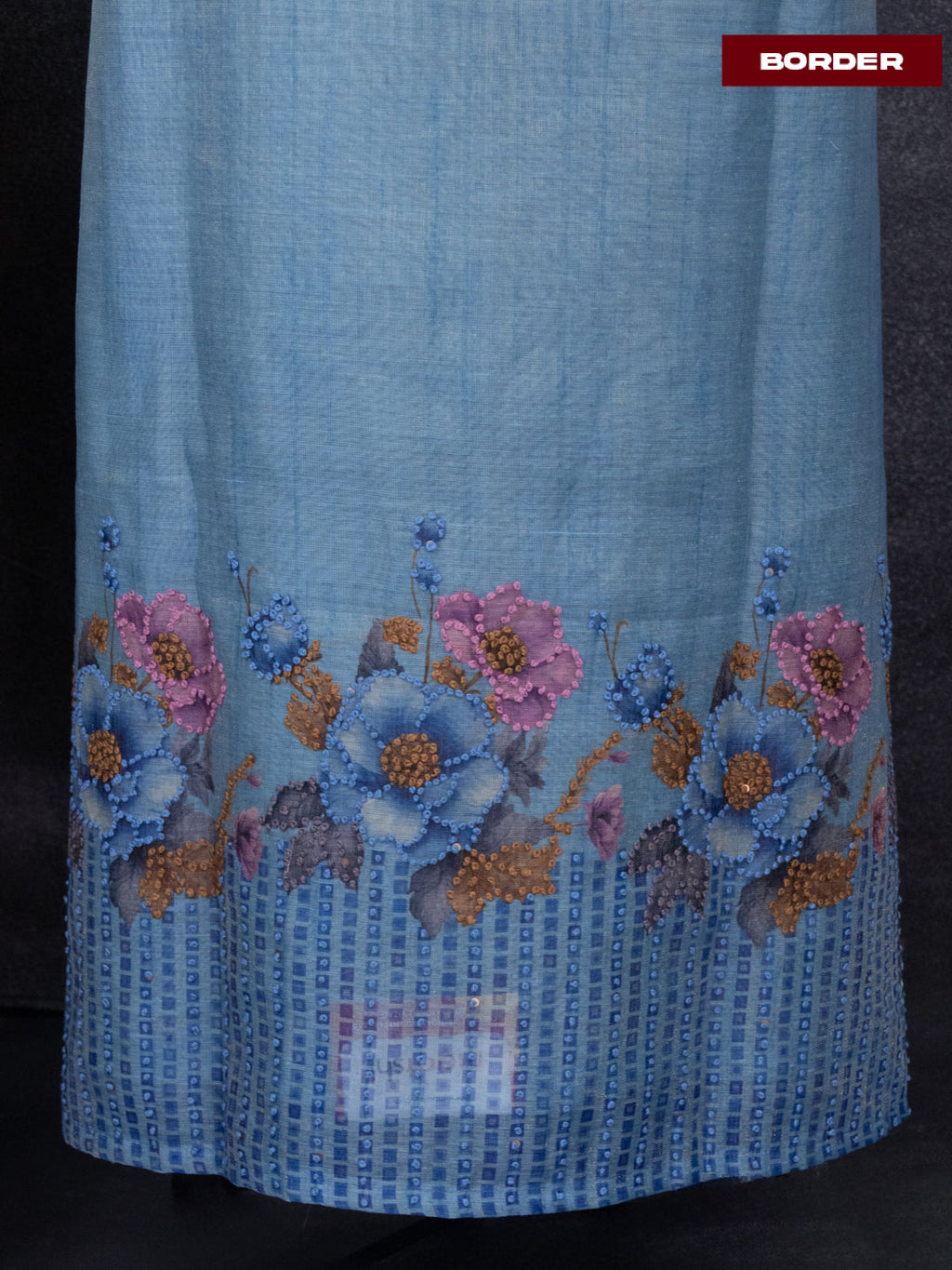 Tissue linen dress material blue with french knot work neck pattern and bottom & dupatta