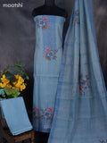 Tissue linen dress material blue with french knot work neck pattern and bottom & dupatta