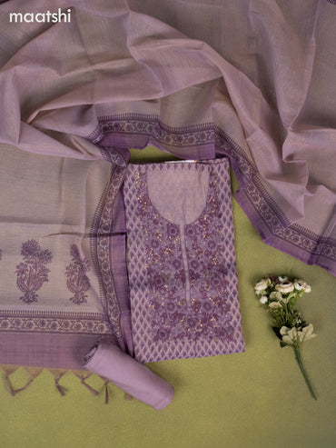 Tissue linen dress material purple shade with allover buttas & embroidery kantha stich work neck pattern and bottom & printed dupatta