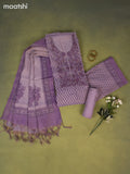Tissue linen dress material purple shade with allover buttas & embroidery kantha stich work neck pattern and bottom & printed dupatta