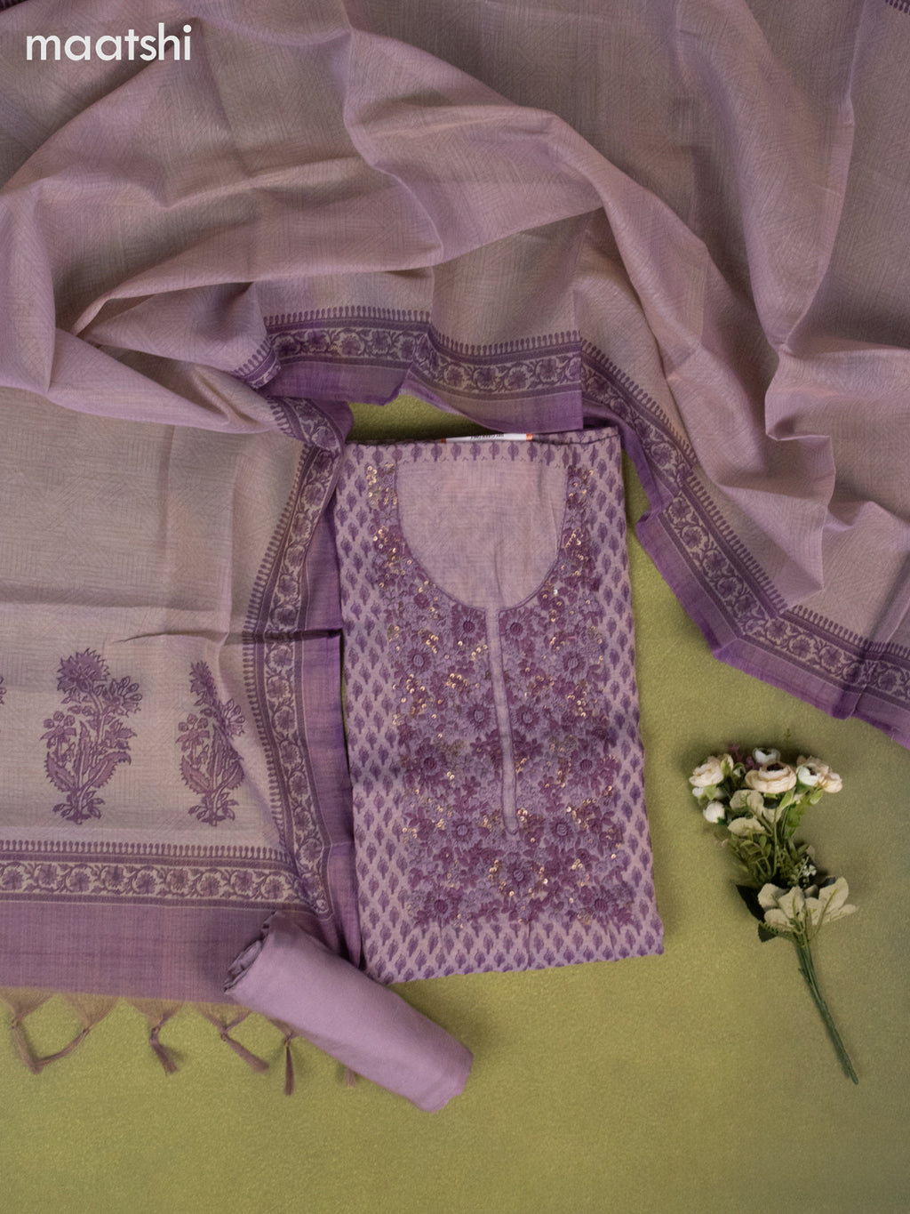 Tissue linen dress material purple shade with allover buttas & embroidery kantha stich work neck pattern and bottom & printed dupatta