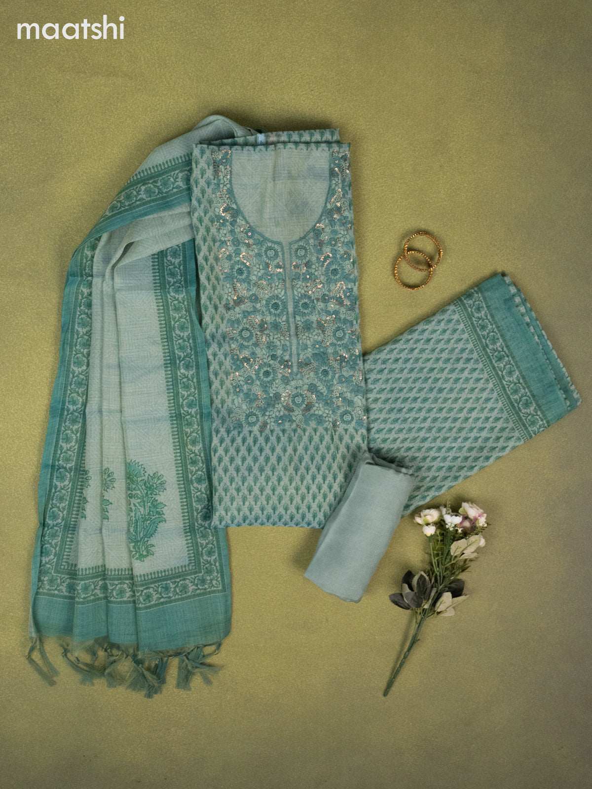 Tissue linen dress material teal green with allover buttas & embroidery kantha stich work neck pattern and bottom & printed dupatta