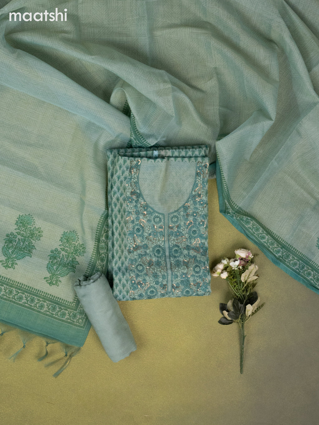 Tissue linen dress material teal green with allover buttas & embroidery kantha stich work neck pattern and bottom & printed dupatta