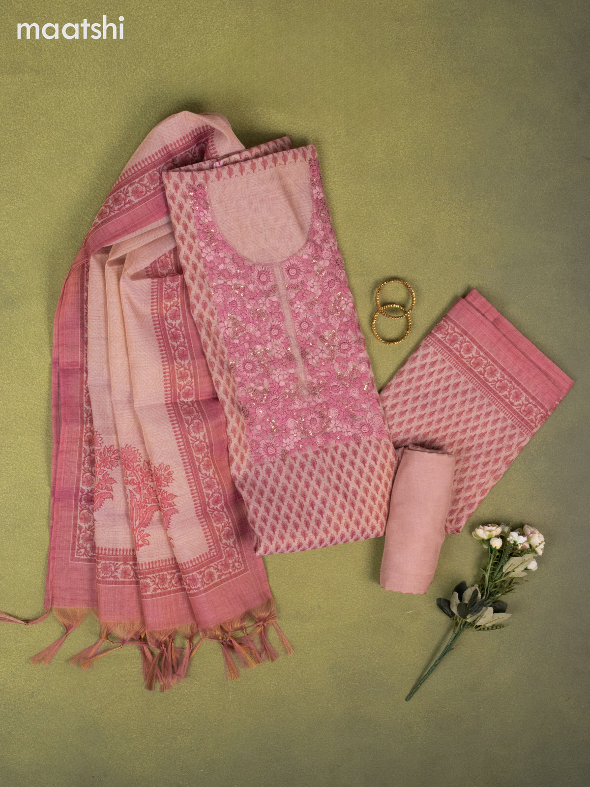 Tissue linen dress material peach pink with allover buttas & embroidery kantha stich work neck pattern and bottom & printed dupatta
