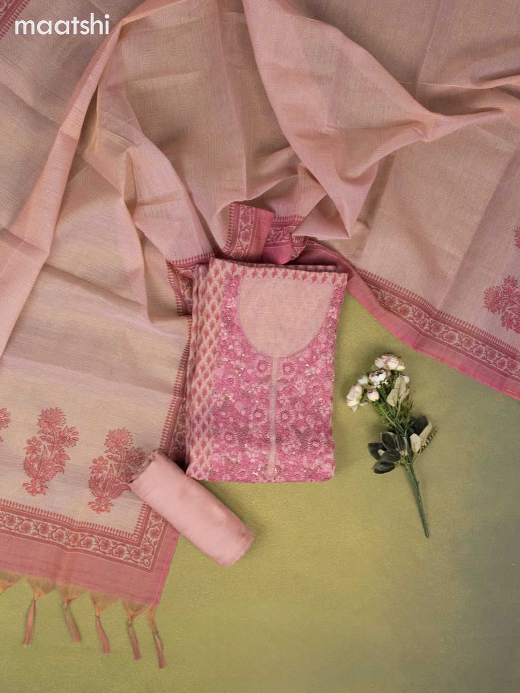 Tissue linen dress material peach pink with allover buttas & embroidery kantha stich work neck pattern and bottom & printed dupatta