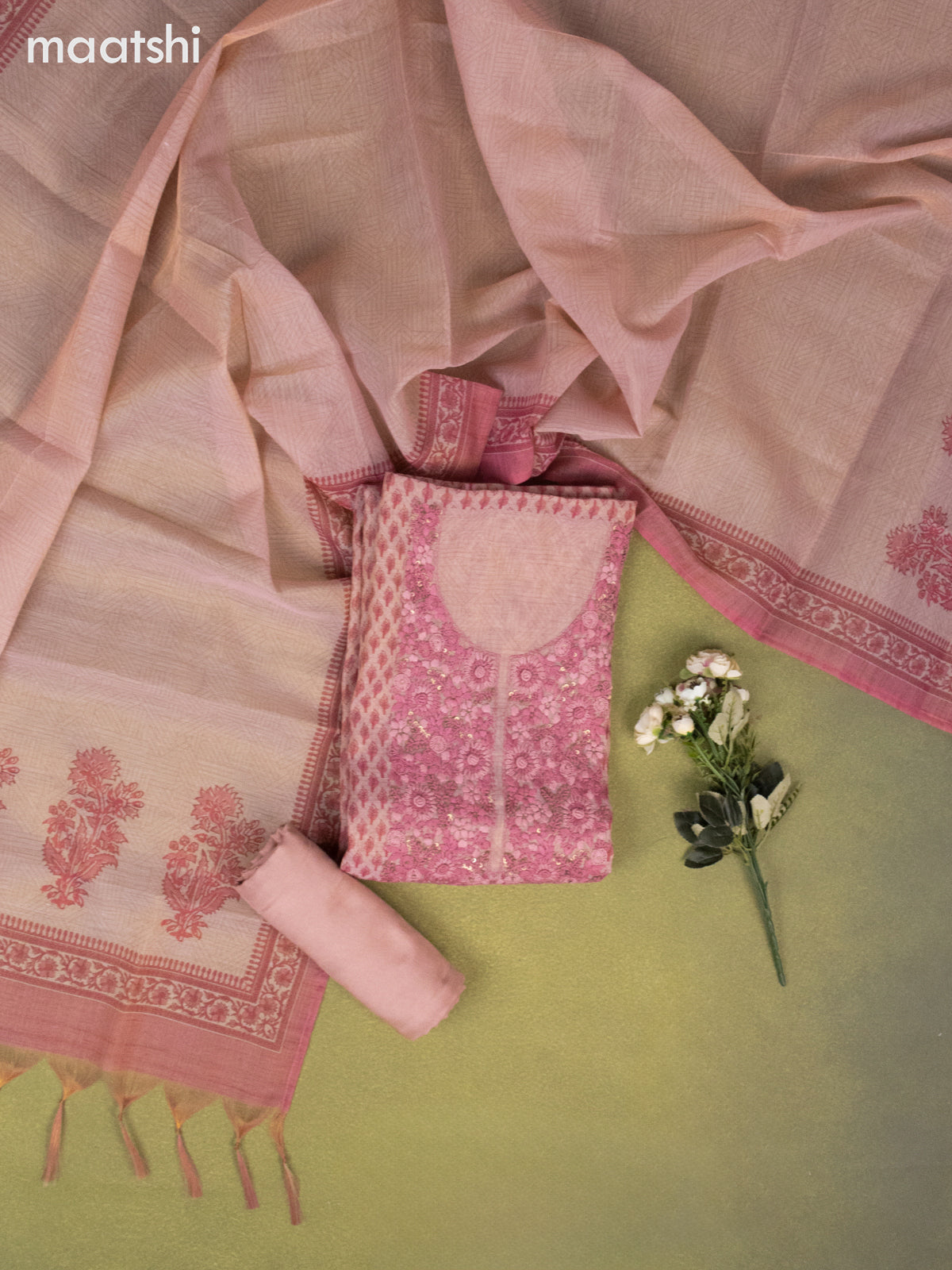 Tissue linen dress material peach pink with allover buttas & embroidery kantha stich work neck pattern and bottom & printed dupatta