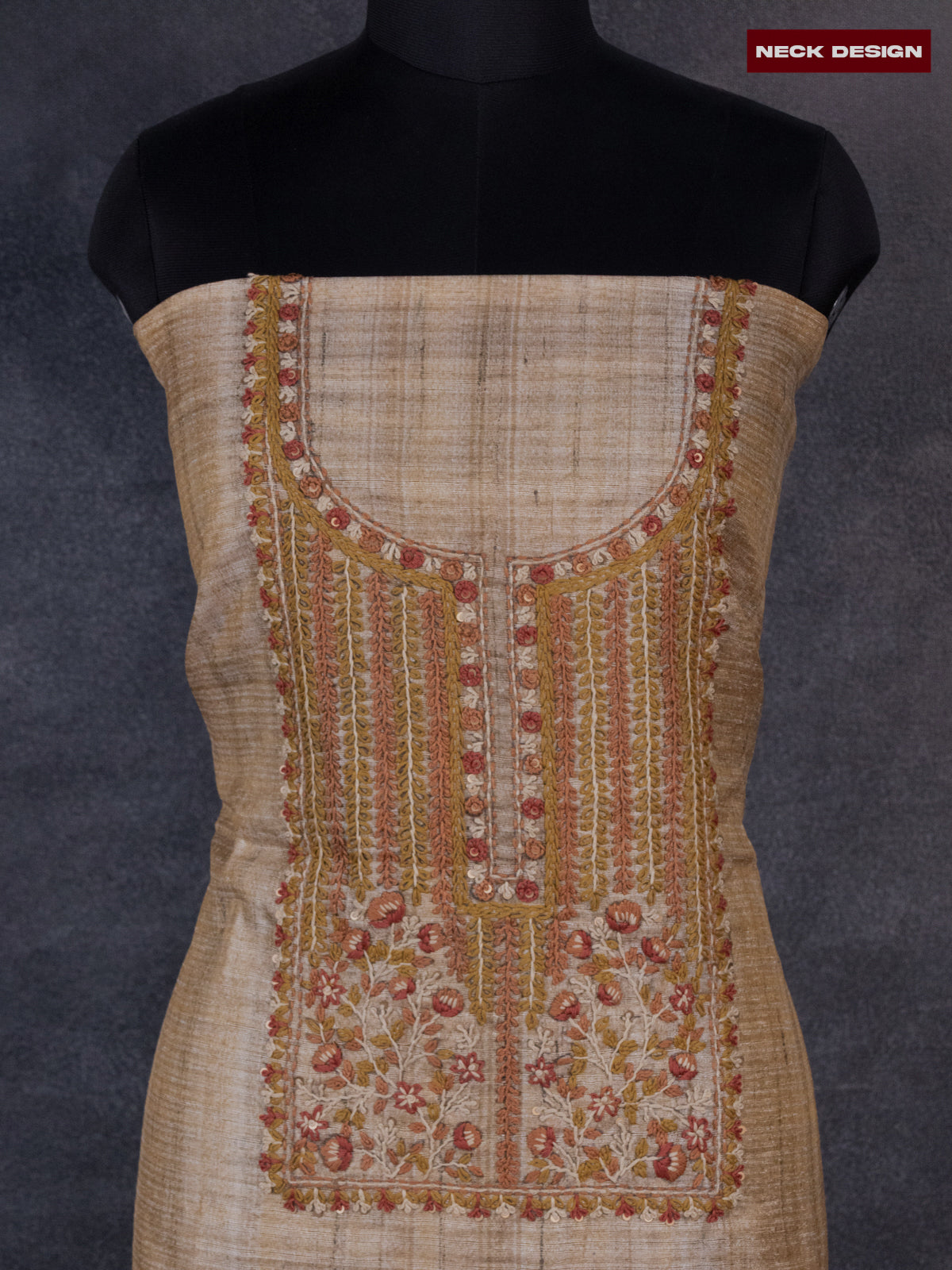 Linen dress material mustard shade with sequin & kantha stich work neck pattern and bottom & printed dupatta