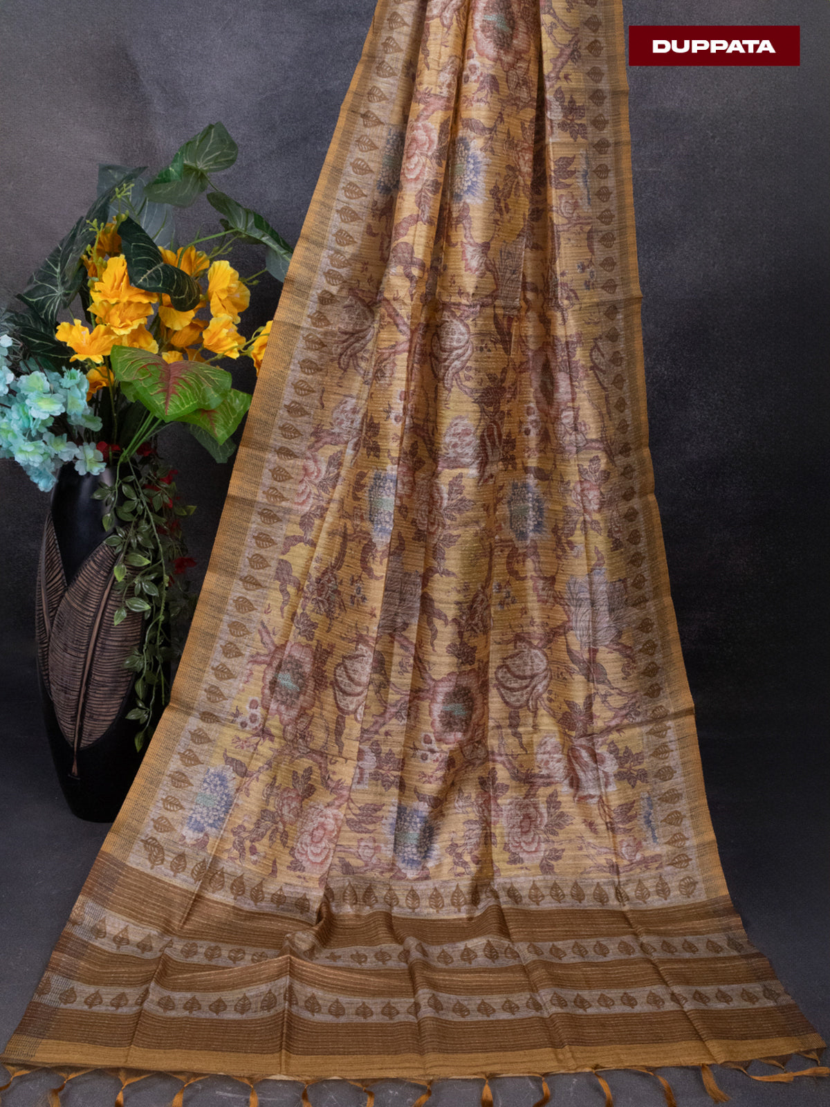 Linen dress material mustard shade with sequin & kantha stich work neck pattern and bottom & printed dupatta