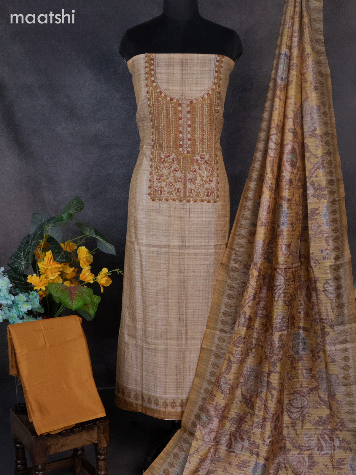 Linen dress material mustard shade with sequin & kantha stich work neck pattern and bottom & printed dupatta