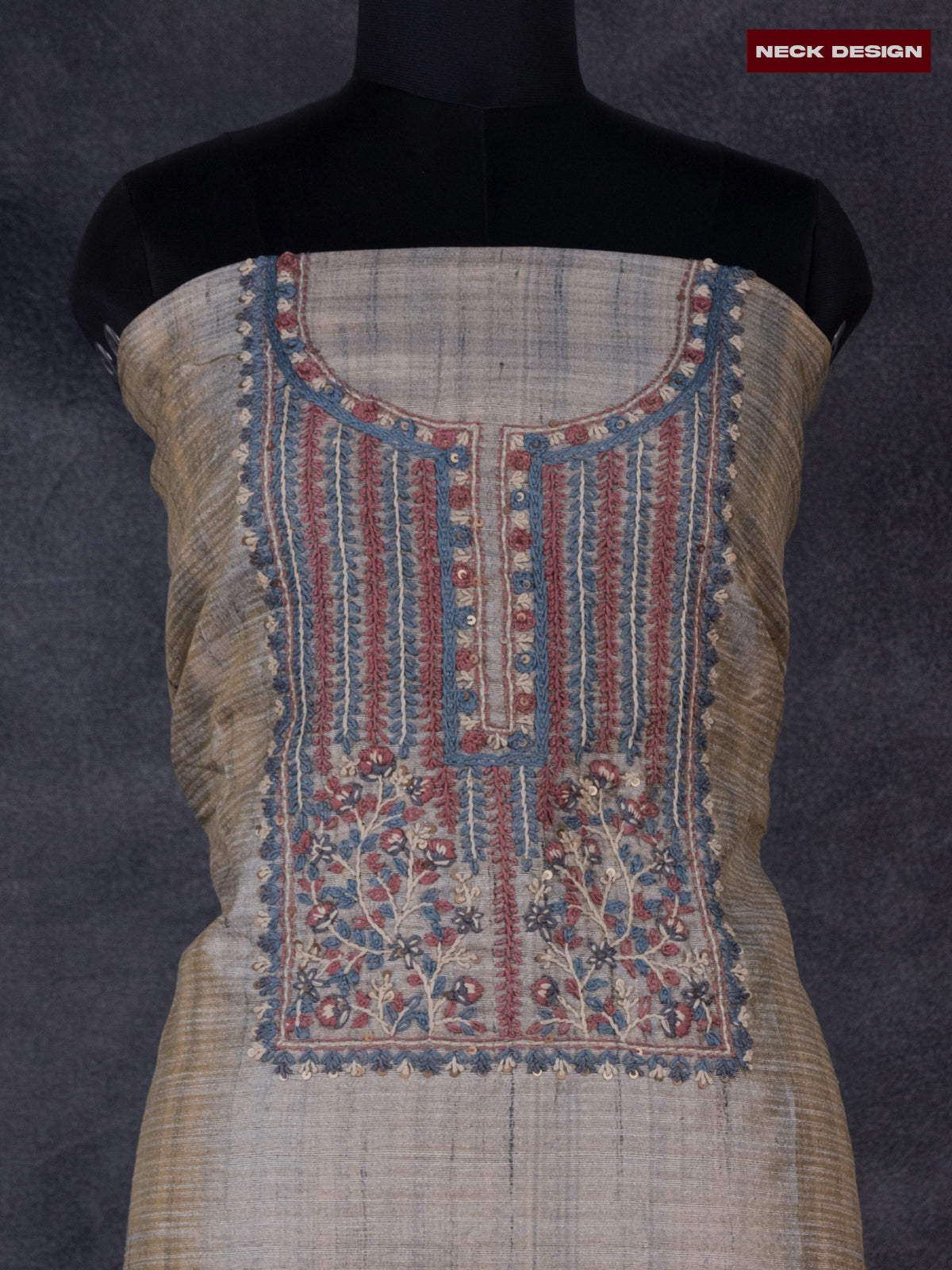 Linen dress material pastle blue with sequin & kantha stich work neck pattern and bottom & printed dupatta