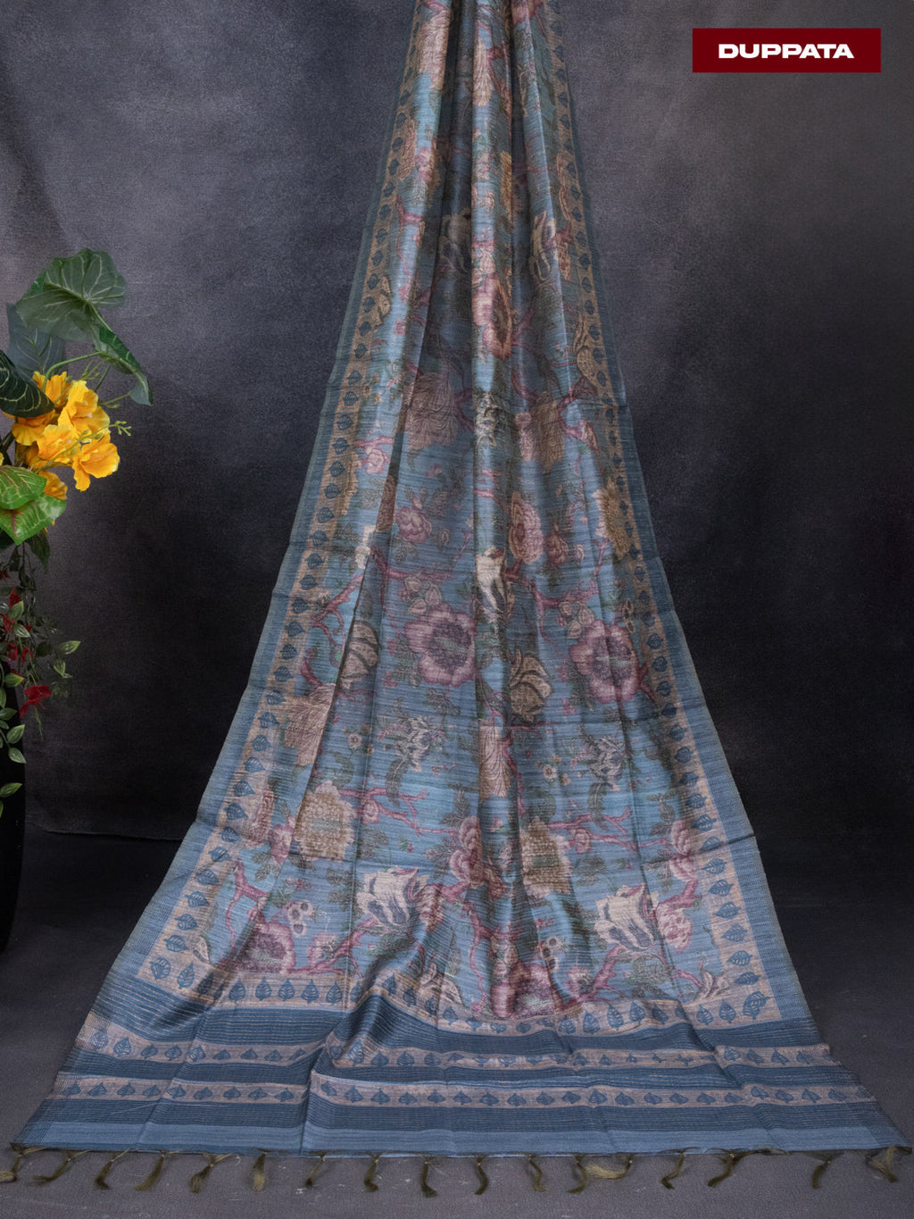Linen dress material pastle blue with sequin & kantha stich work neck pattern and bottom & printed dupatta