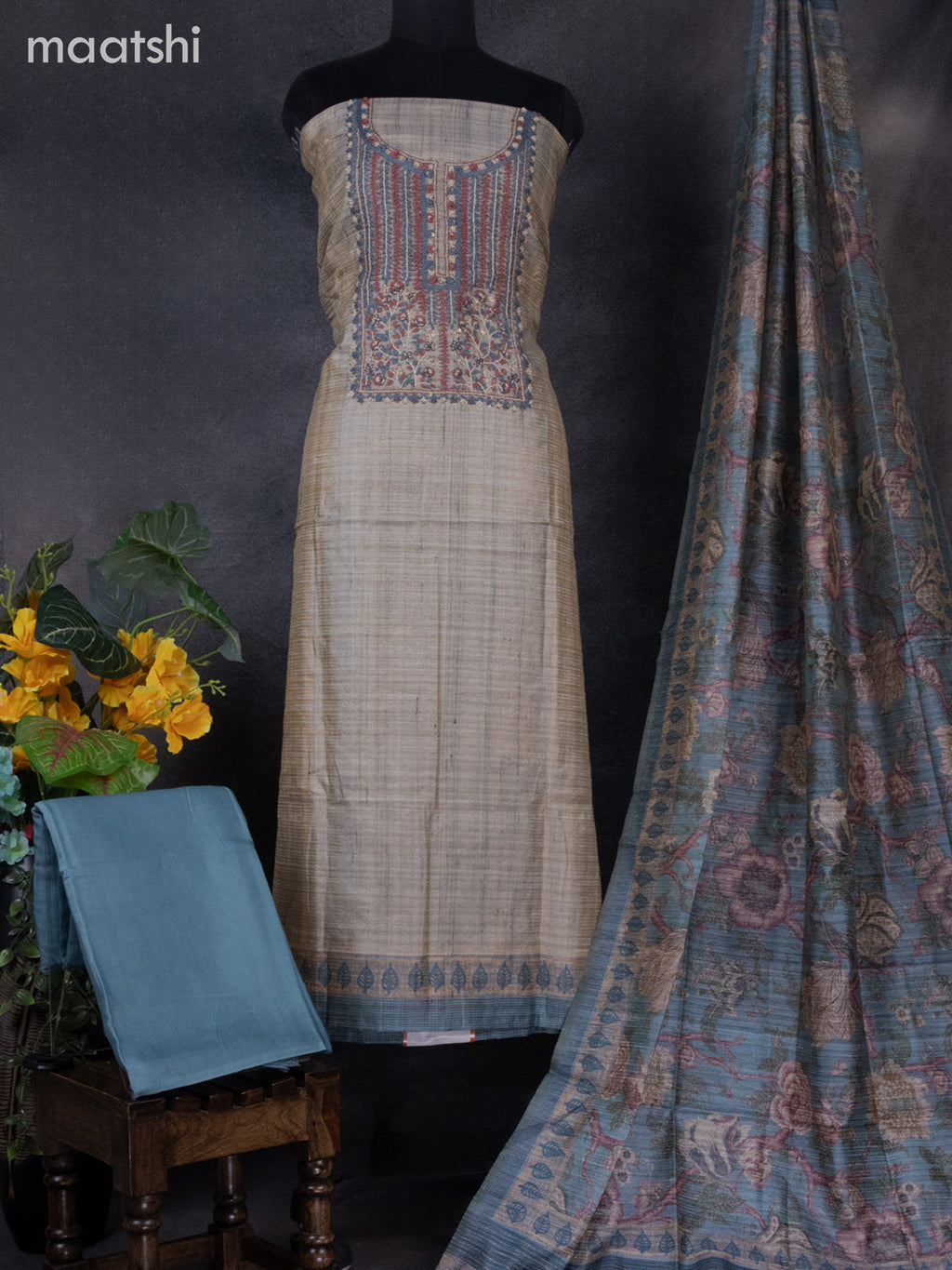 Linen dress material pastle blue with sequin & kantha stich work neck pattern and bottom & printed dupatta