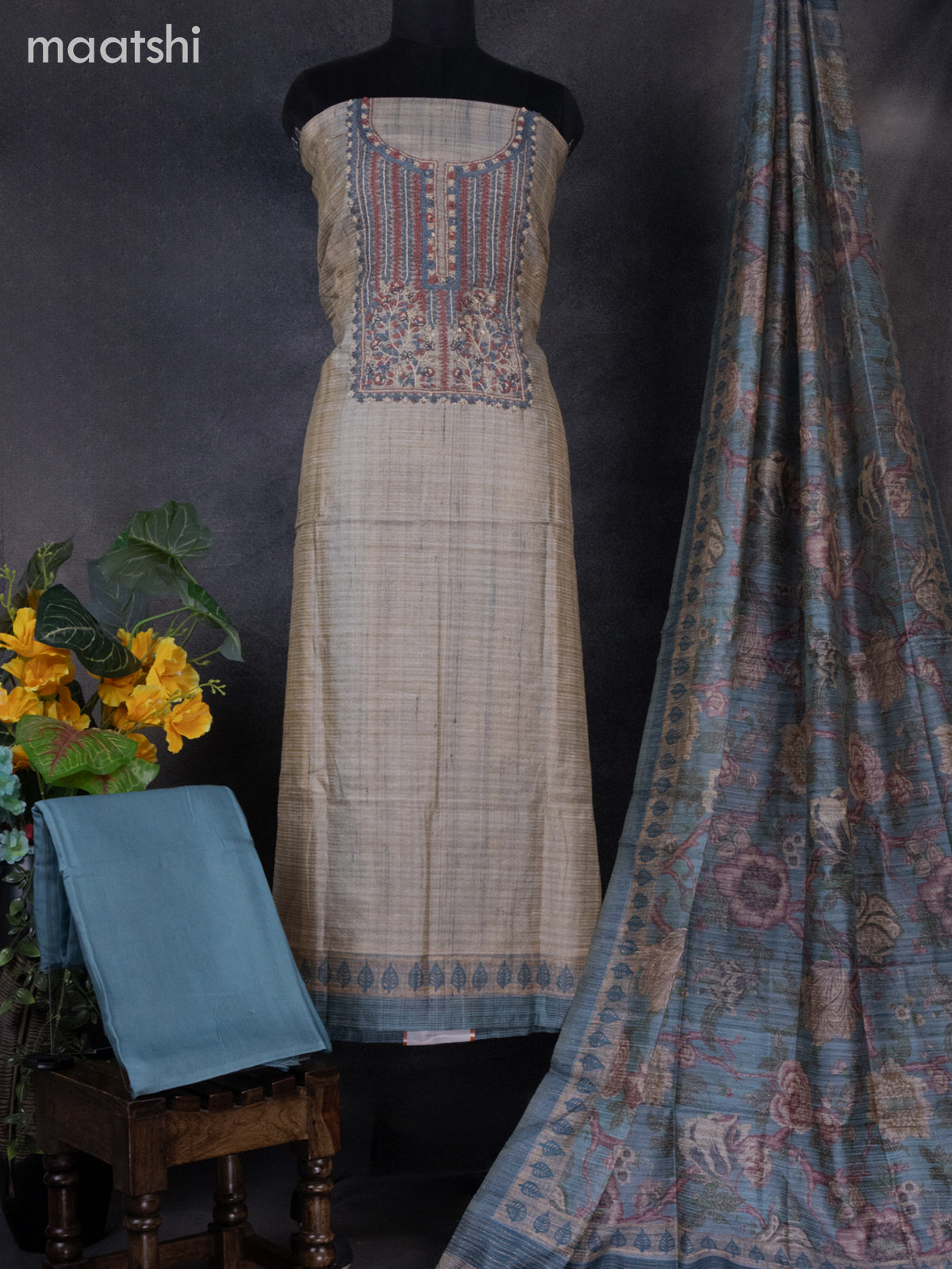 Linen dress material pastle blue with sequin & kantha stich work neck pattern and bottom & printed dupatta