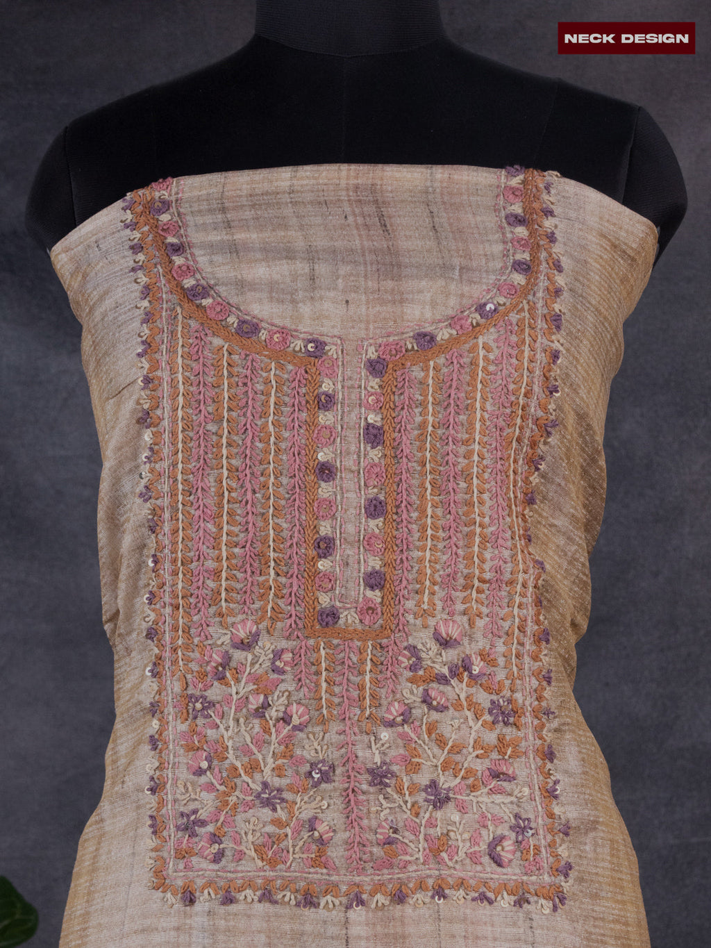 Linen dress material dark peach with sequin & kantha stich work neck pattern and bottom & printed dupatta