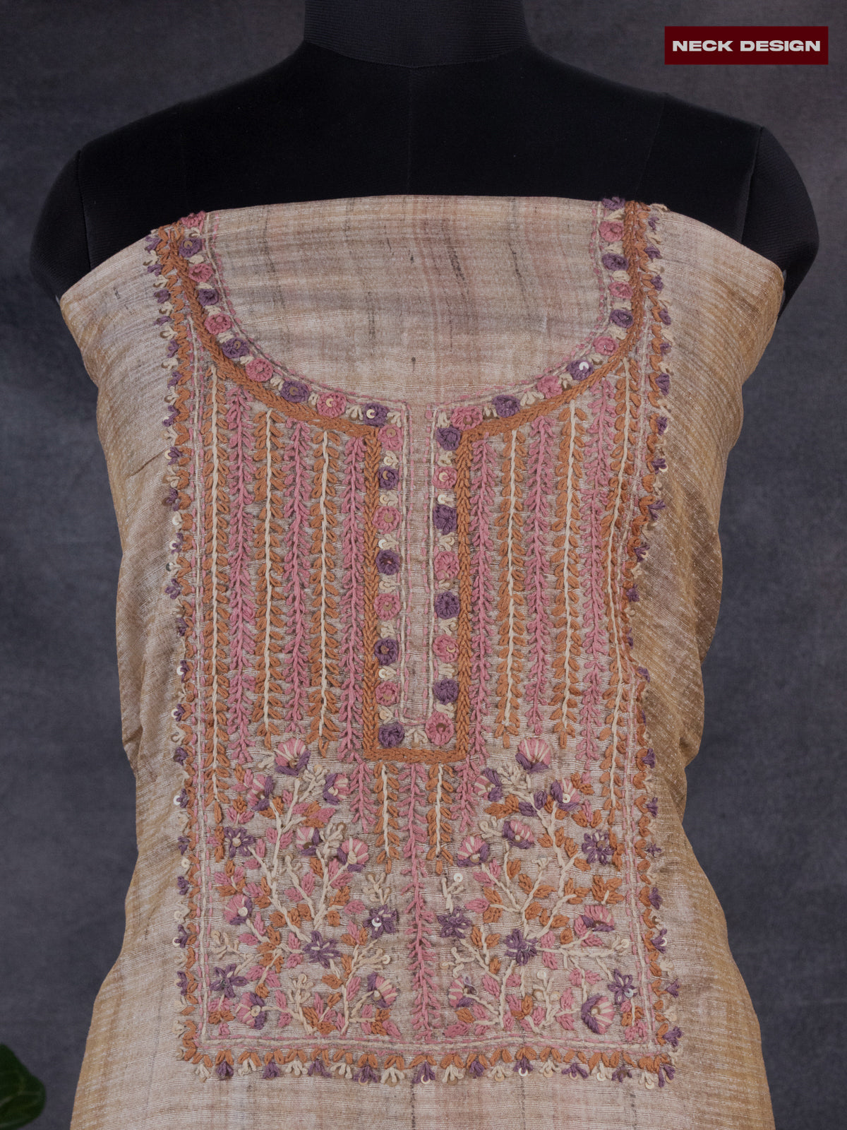 Linen dress material dark peach with sequin & kantha stich work neck pattern and bottom & printed dupatta