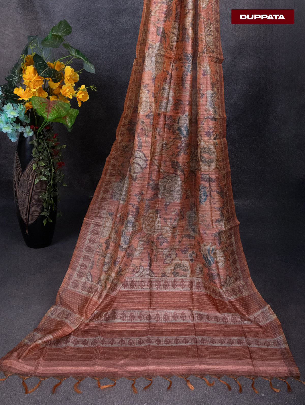 Linen dress material dark peach with sequin & kantha stich work neck pattern and bottom & printed dupatta