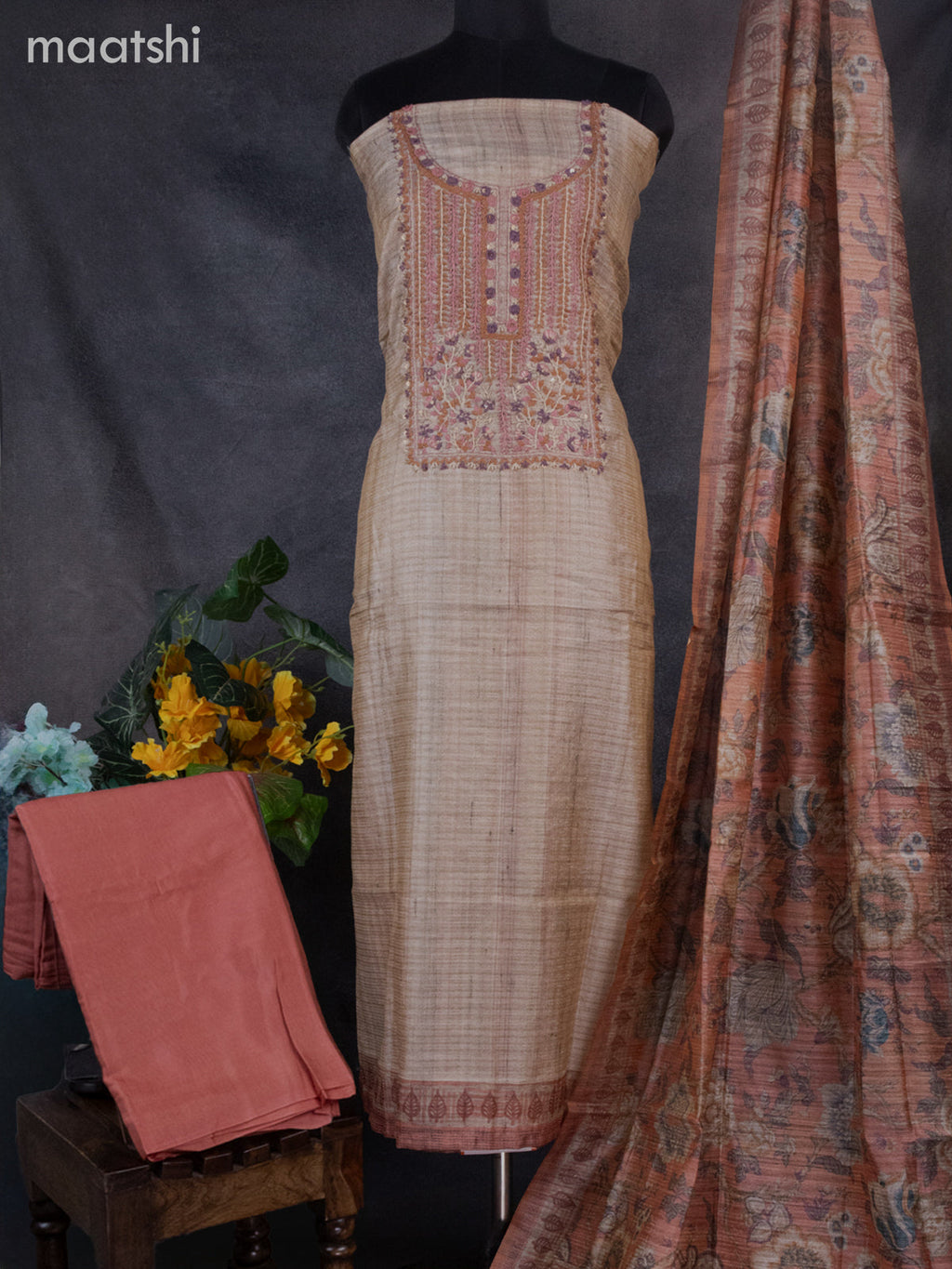 Linen dress material dark peach with sequin & kantha stich work neck pattern and bottom & printed dupatta