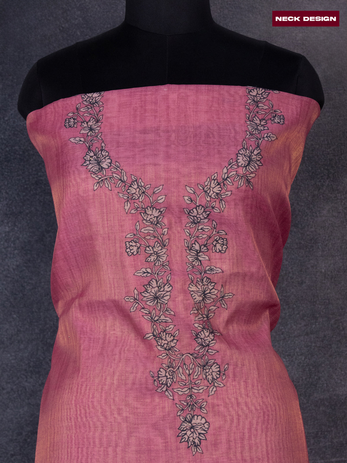 Tissue linen dress material peach pink with floral design embroidery work neck pattern and bottom & dupatta