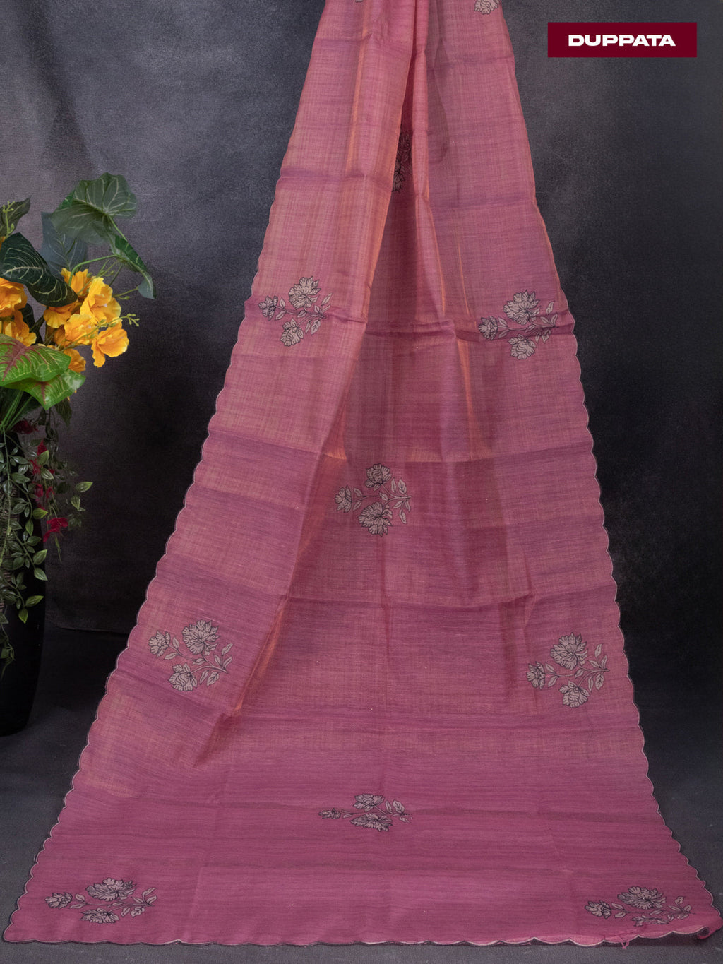 Tissue linen dress material peach pink with floral design embroidery work neck pattern and bottom & dupatta