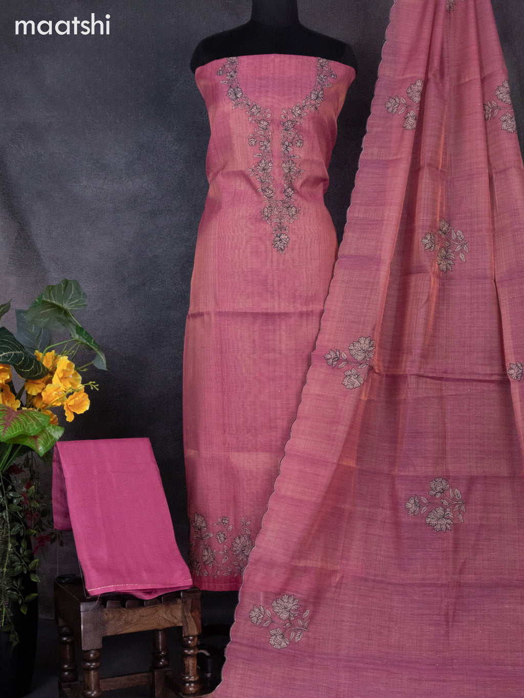 Tissue linen dress material peach pink with floral design embroidery work neck pattern and bottom & dupatta