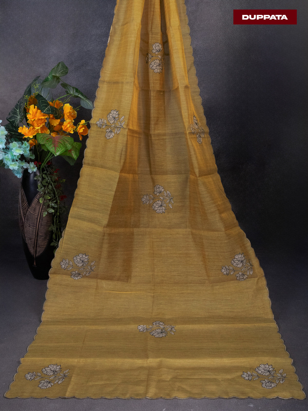 Tissue linen dress material mustard shade with floral design embroidery work neck pattern and bottom & dupatta