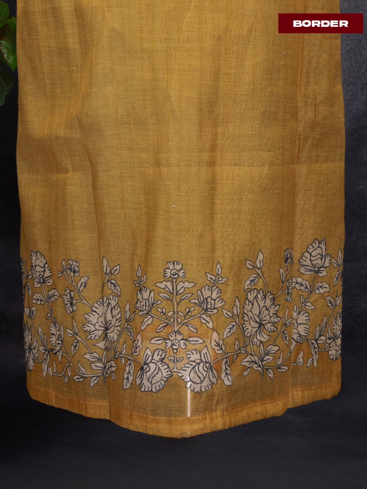 Tissue linen dress material mustard shade with floral design embroidery work neck pattern and bottom & dupatta