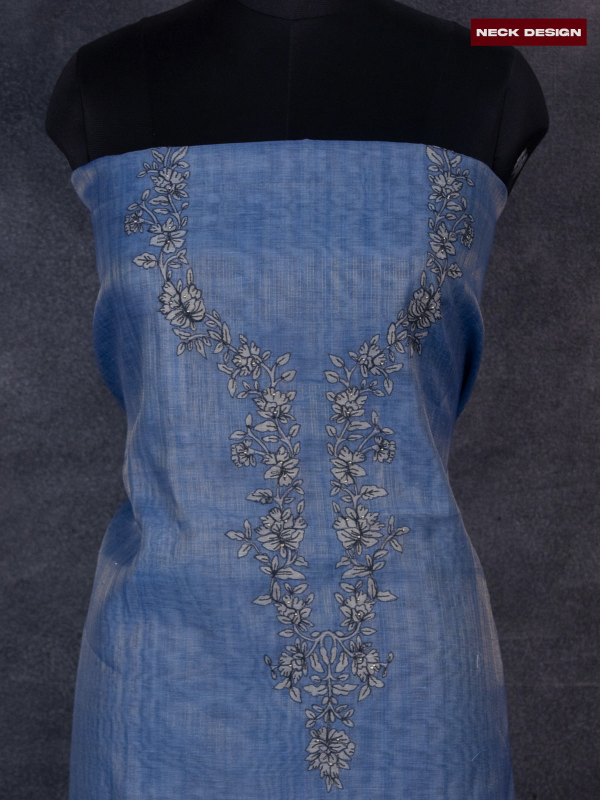 Tissue linen dress material blue with floral design embroidery work neck pattern and bottom & dupatta