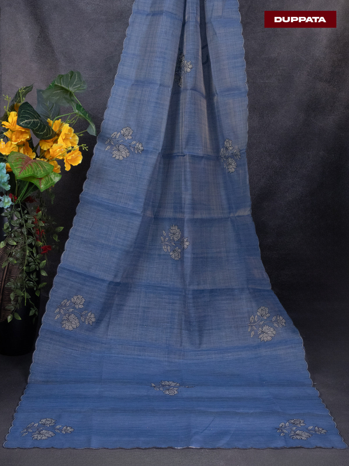 Tissue linen dress material blue with floral design embroidery work neck pattern and bottom & dupatta