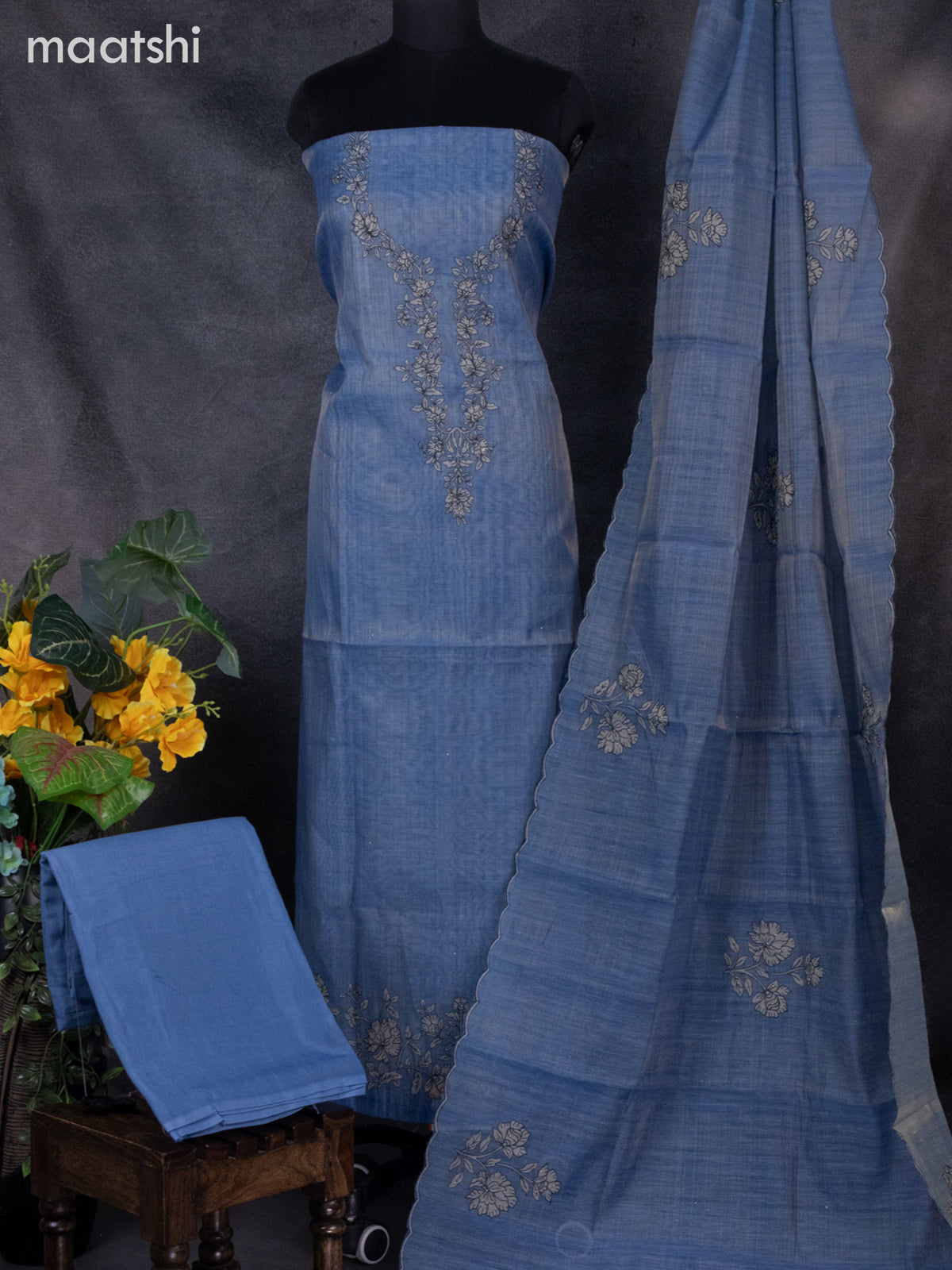 Tissue linen dress material blue with floral design embroidery work neck pattern and bottom & dupatta
