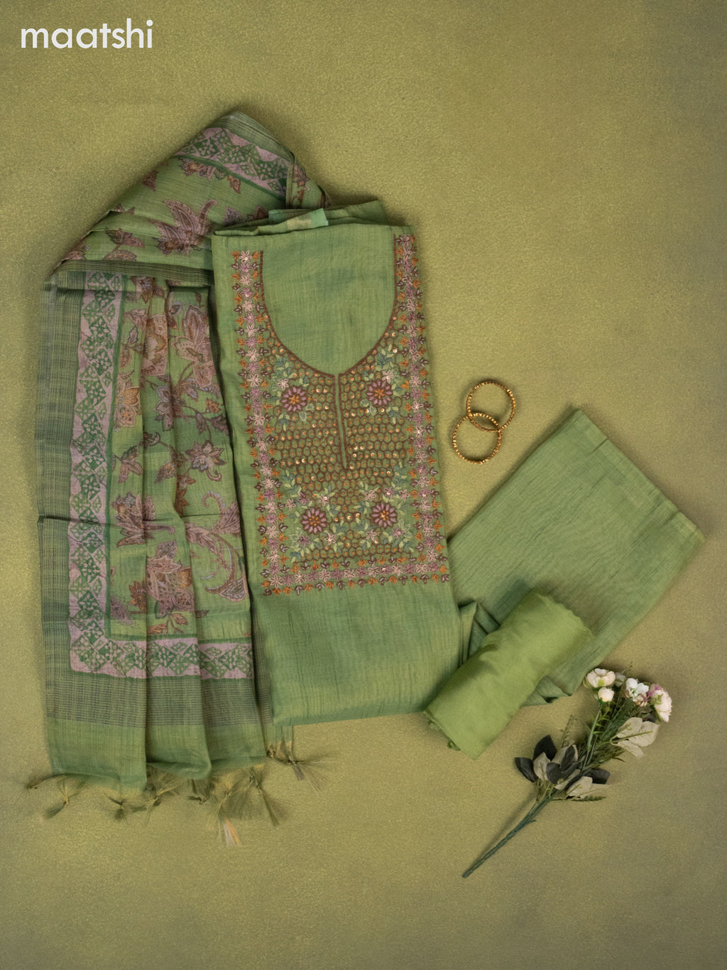 Tissue linen dress material green with embroidery & kantha stich work neck pattern and bottom & printed dupatta