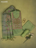 Tissue linen dress material green with embroidery & kantha stich work neck pattern and bottom & printed dupatta