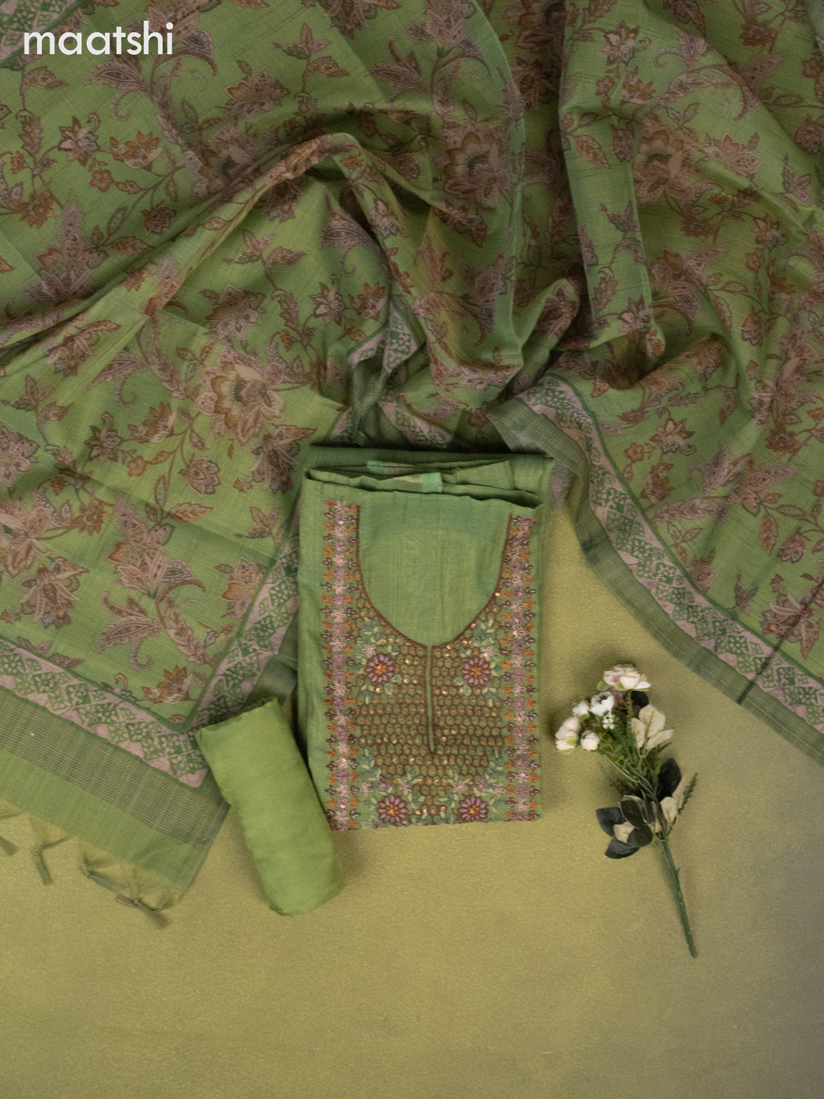Tissue linen dress material green with embroidery & kantha stich work neck pattern and bottom & printed dupatta