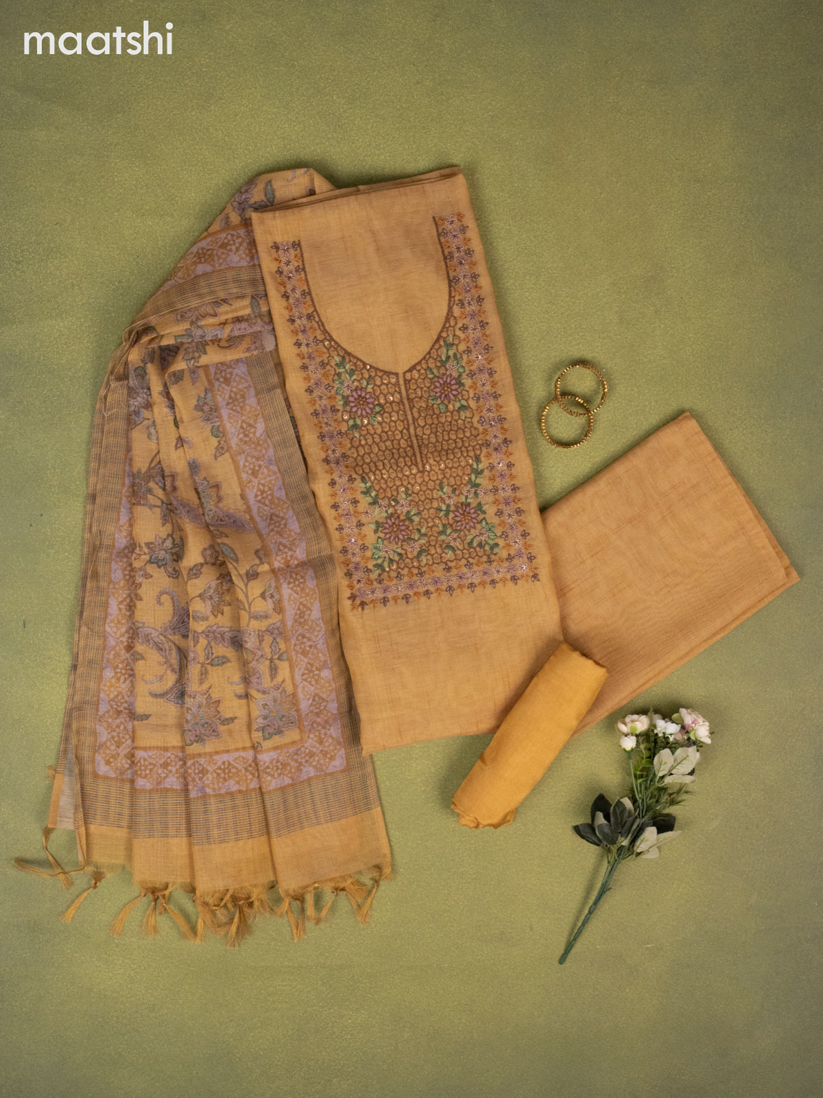 Tissue linen dress material mustard yellow with embroidery & kantha stich work neck pattern and bottom & printed dupatta