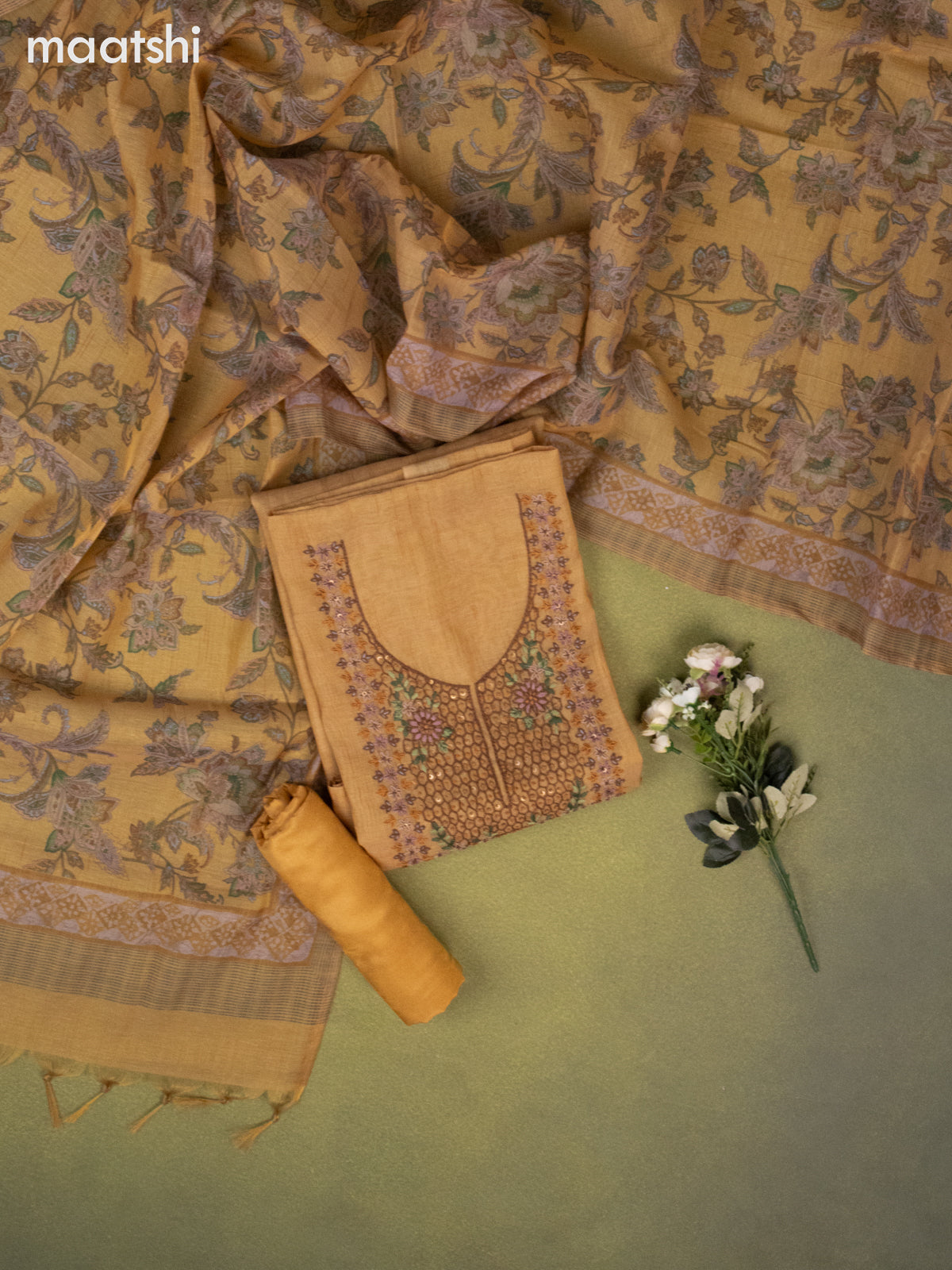 Tissue linen dress material mustard yellow with embroidery & kantha stich work neck pattern and bottom & printed dupatta