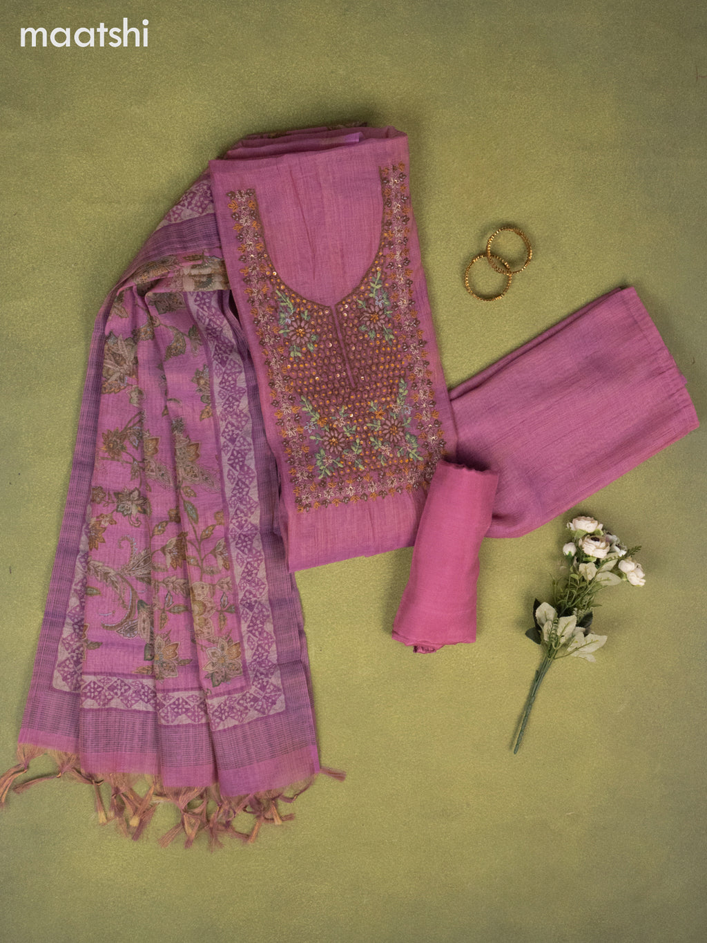 Tissue linen dress material pink shade with embroidery & kantha stich work neck pattern and bottom & printed dupatta