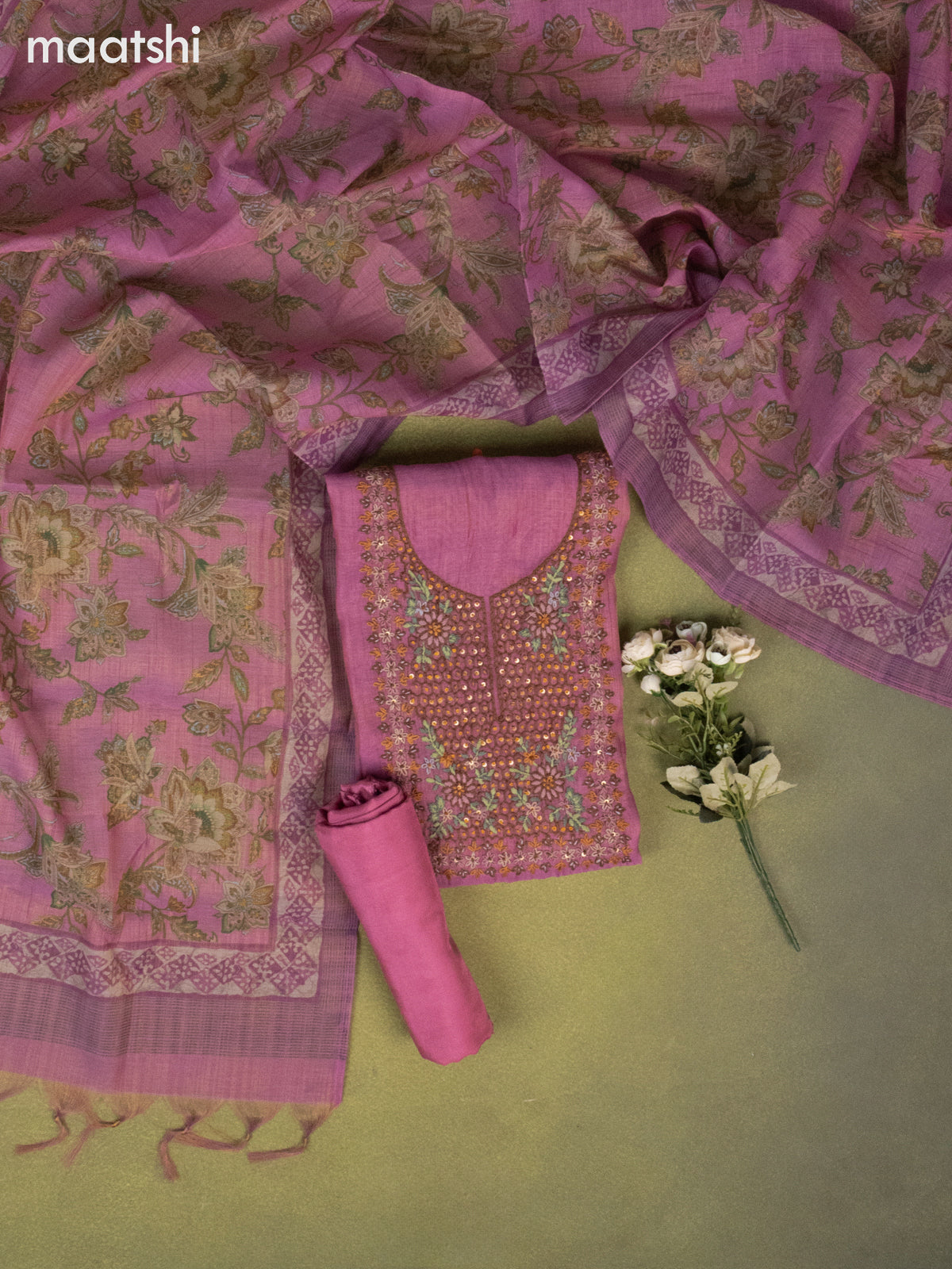 Tissue linen dress material pink shade with embroidery & kantha stich work neck pattern and bottom & printed dupatta