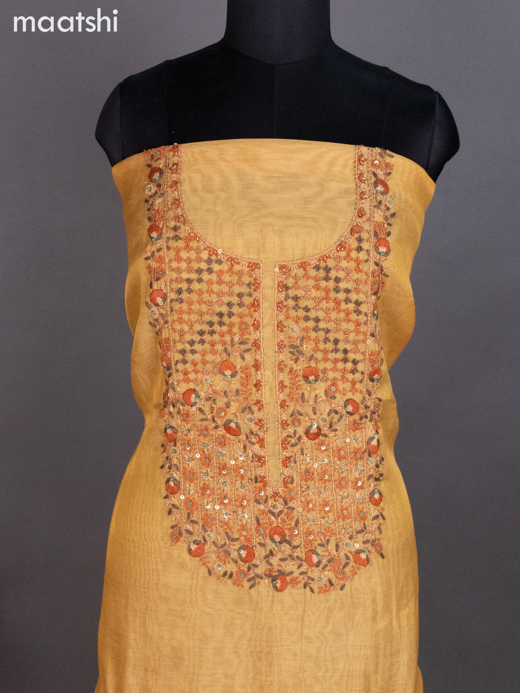 Tissue linen dress material mustard shade with kantha stich work neck pattern and bottom & dupatta