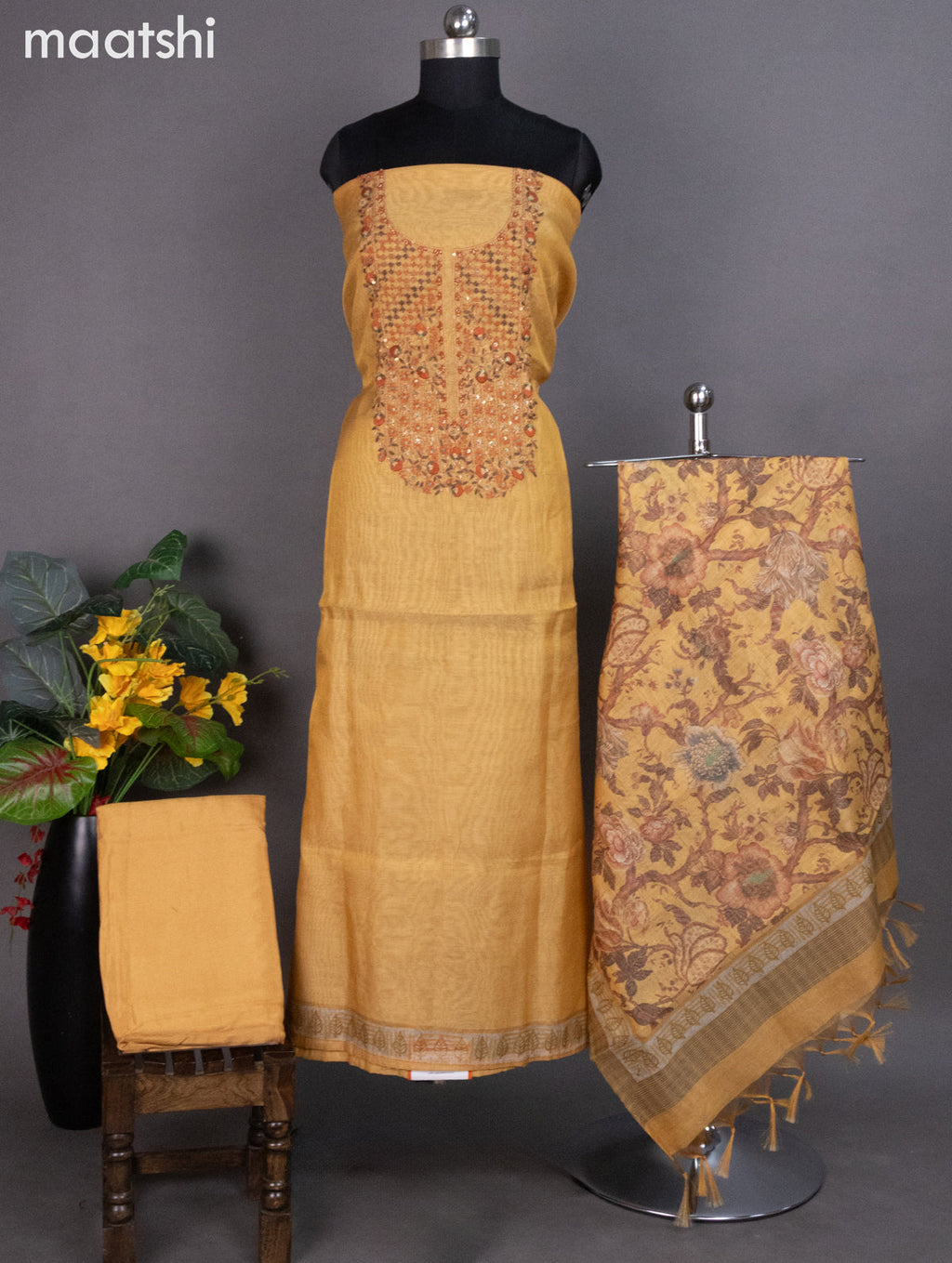 Tissue linen dress material mustard shade with kantha stich work neck pattern and bottom & dupatta