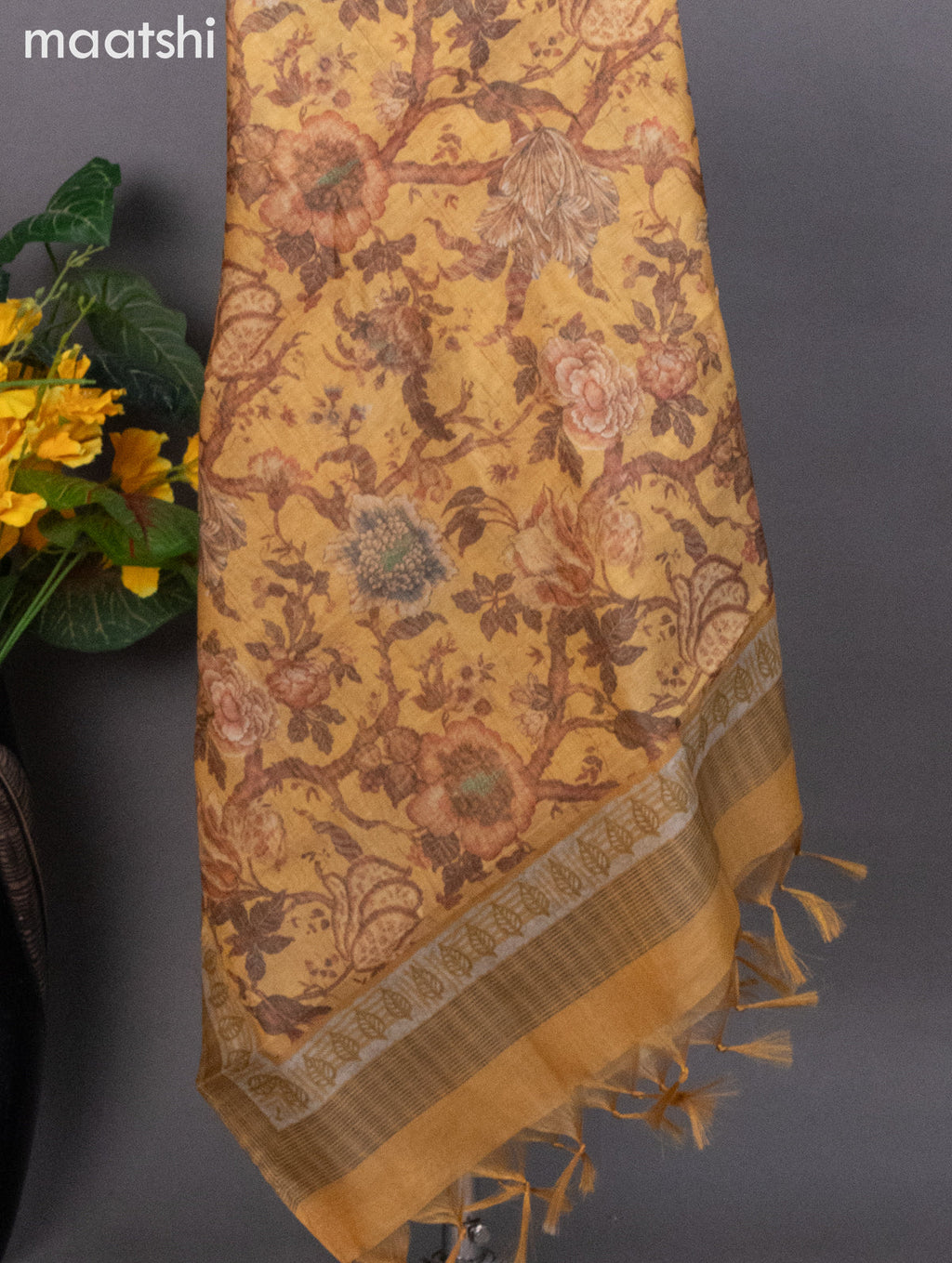 Tissue linen dress material mustard shade with kantha stich work neck pattern and bottom & dupatta