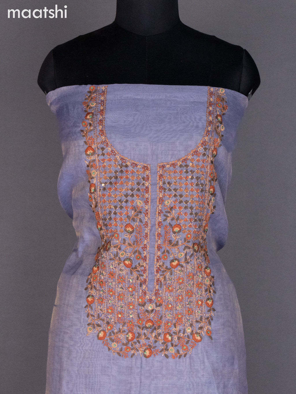 Tissue linen dress material bluish grey with kantha stich work neck pattern and bottom & dupatta