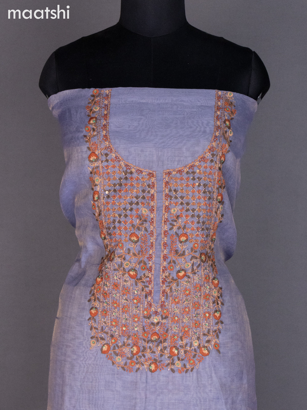 Tissue linen dress material bluish grey with kantha stich work neck pattern and bottom & dupatta