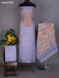 Tissue linen dress material bluish grey with kantha stich work neck pattern and bottom & dupatta