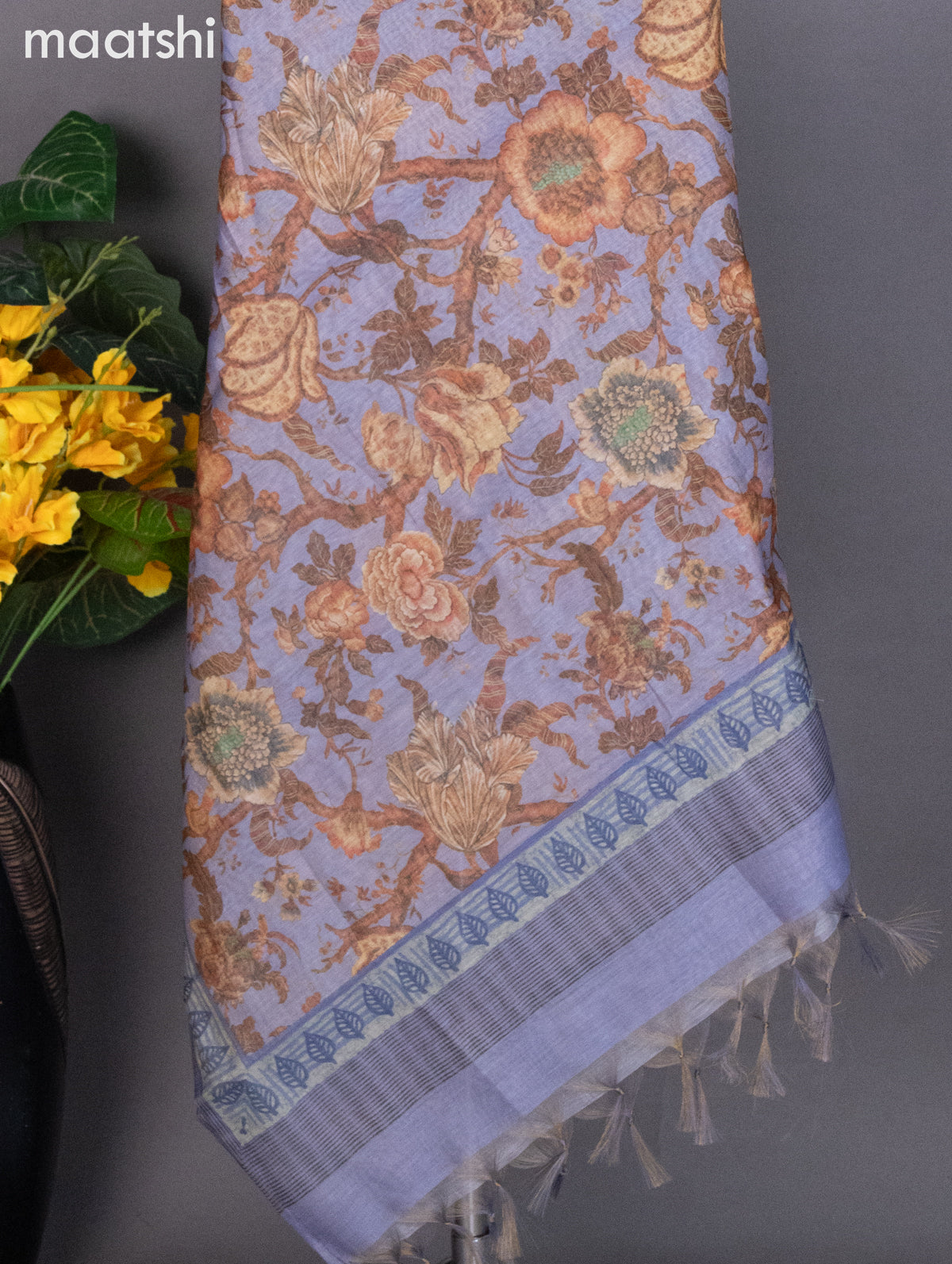 Tissue linen dress material bluish grey with kantha stich work neck pattern and bottom & dupatta