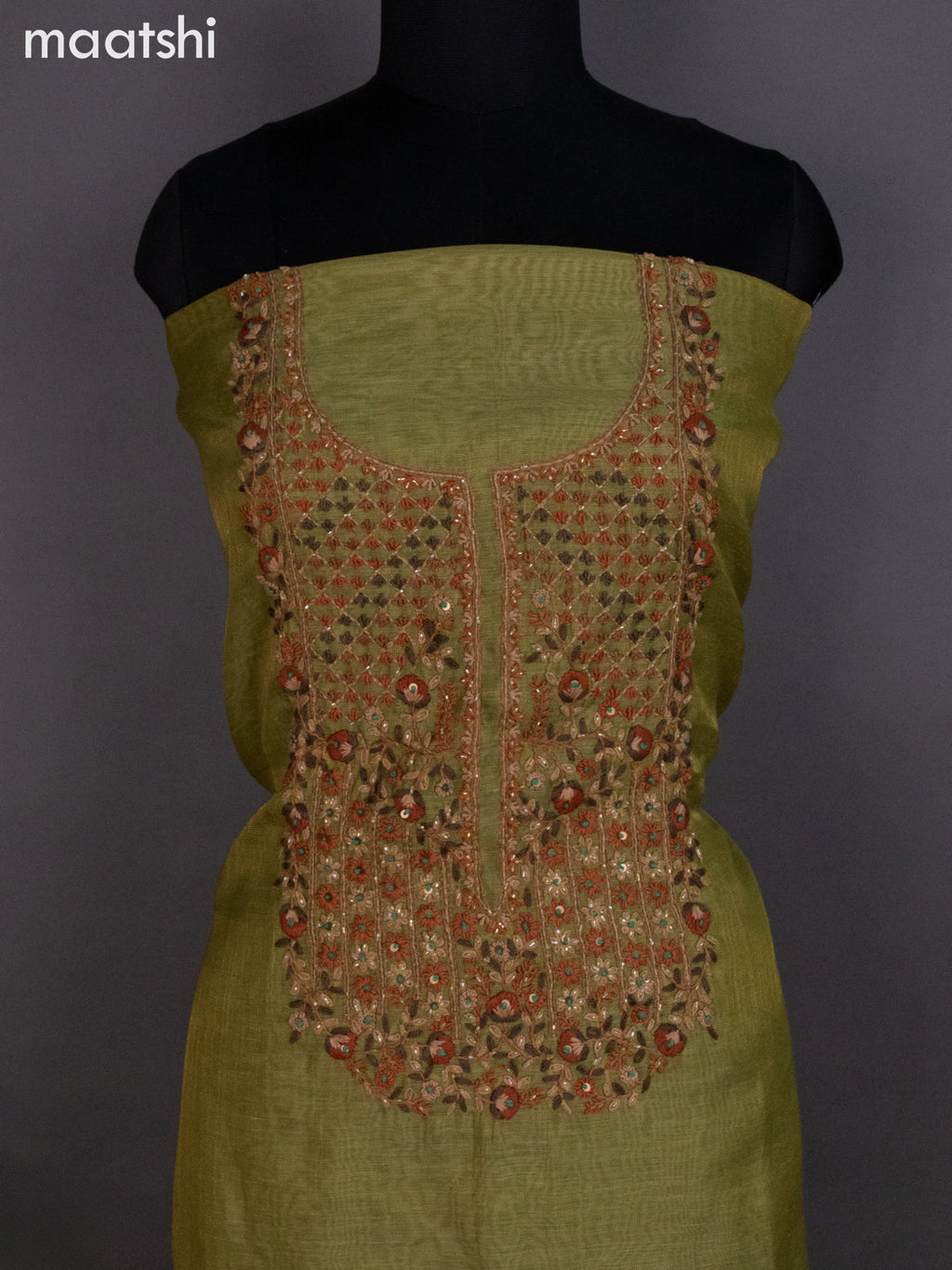 Tissue linen dress material mustard green with kantha stich work neck pattern and bottom & dupatta